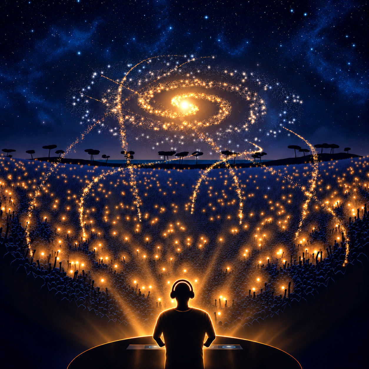 Constellation album artwork: a DJ overlooking an illuminated Ibiza crowd beneath a spiral galaxy