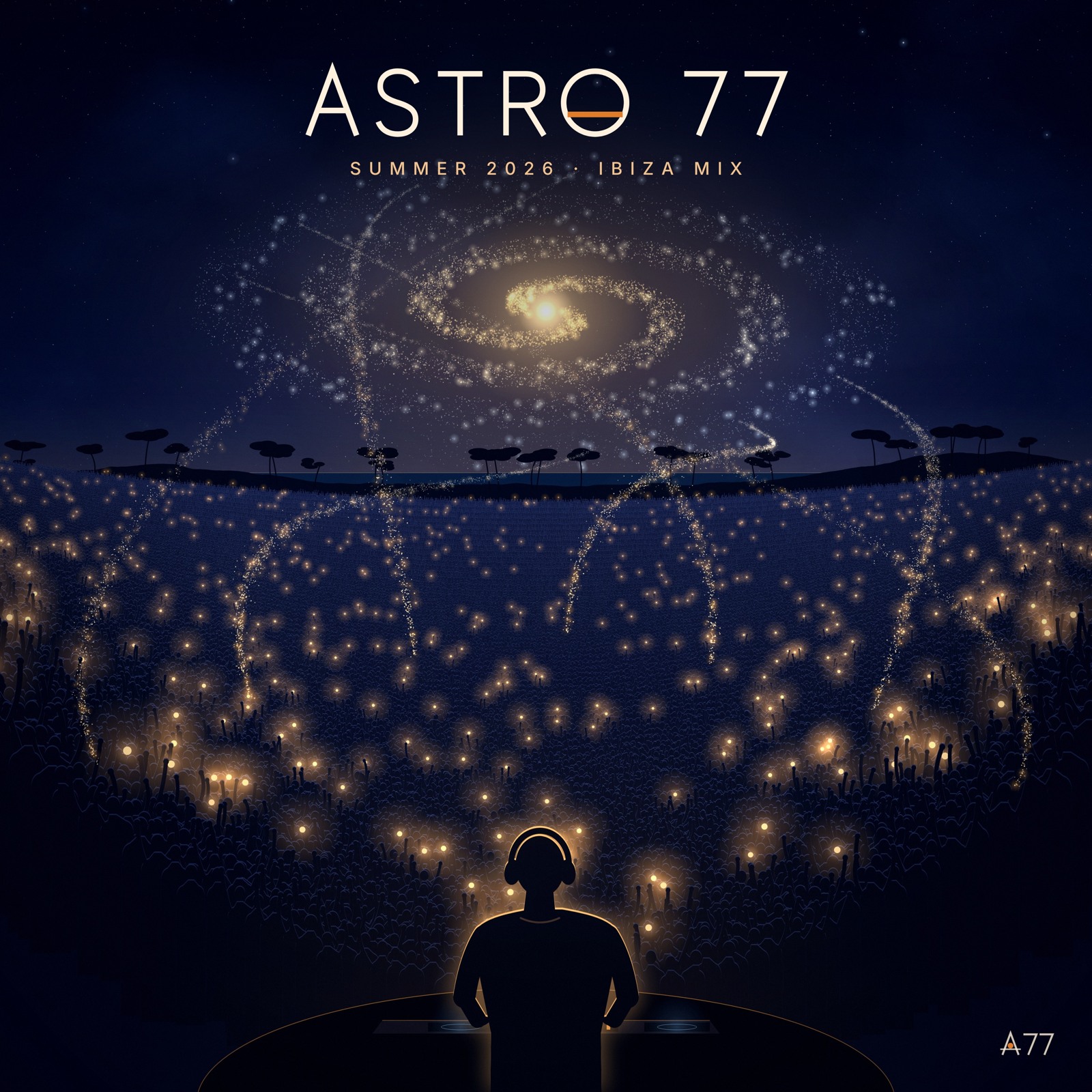 Constellation album artwork: a DJ overlooking an illuminated Ibiza crowd beneath a spiral galaxy