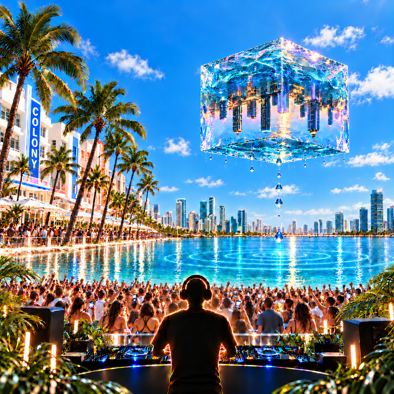 Miami artwork: a glowing DJ, sunlit Art Deco buildings and an inverted city suspended in a water cube