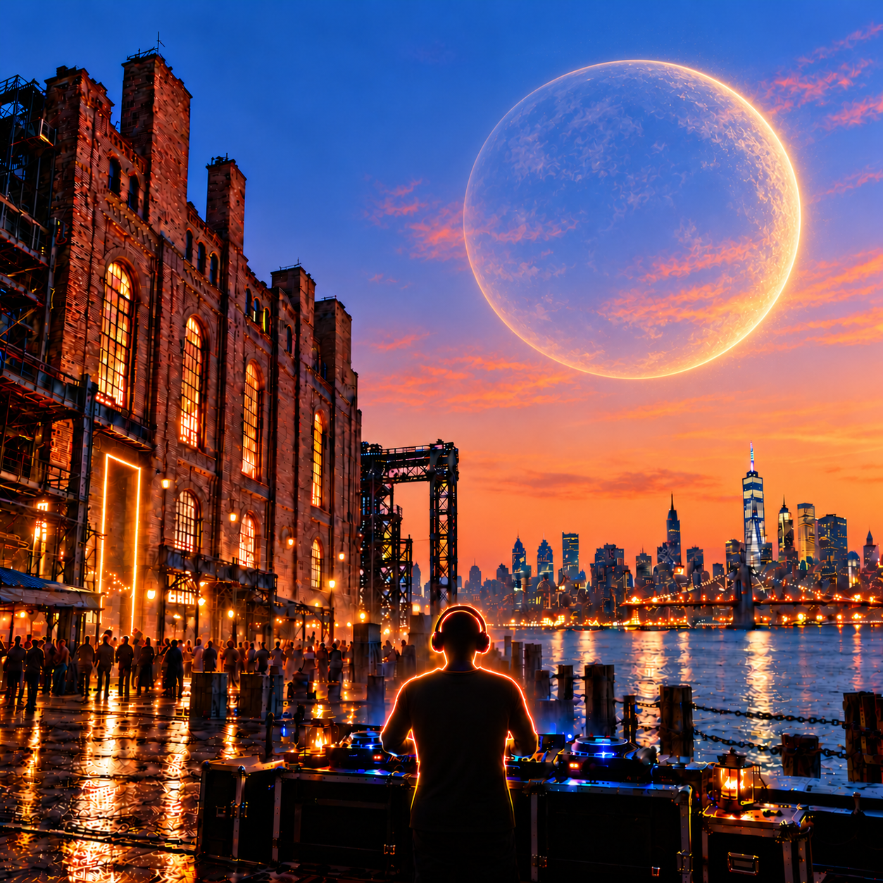 Text-free New York artwork: a glowing DJ on an industrial waterfront beneath a clear evening sky with a distant glowing planet